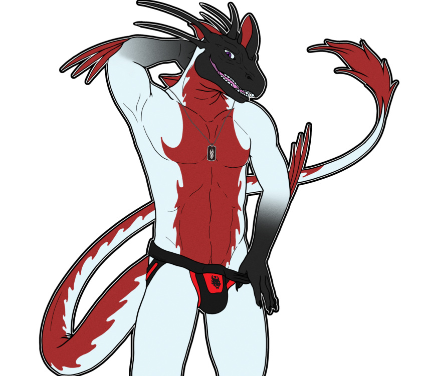 abs anthro bulge clothed clothing dead_space dog_tags dragon horn jewelry jock jockstrap jockstrap_only male marker necklace ojutai partially_clothed pecs rebeldragon101 rogue_fang shy shy_expression shy_face shy_smile solo spikes tail teasing topless topless_male underwear underwear_only vargur