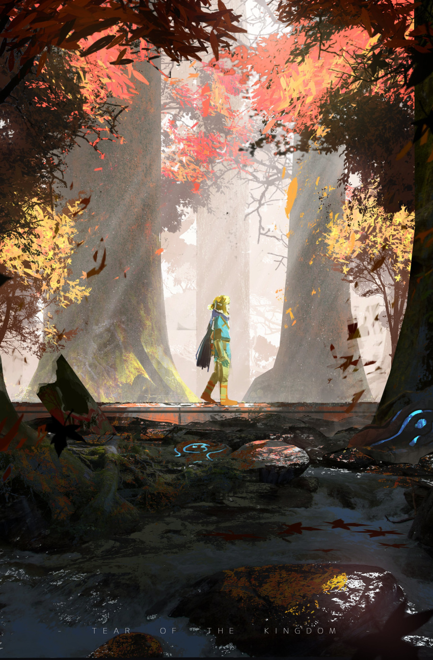 1boy absurdres arms_at_sides asteroid_ill autumn autumn_leaves blonde_hair blue_cape blue_shirt boots cape english_commentary falling_leaves forest from_side full_body highres leaf link log looking_ahead male_focus maple_leaf nature scenery shirt solo the_legend_of_zelda the_legend_of_zelda:_tears_of_the_kingdom tree typo walking wide_shot