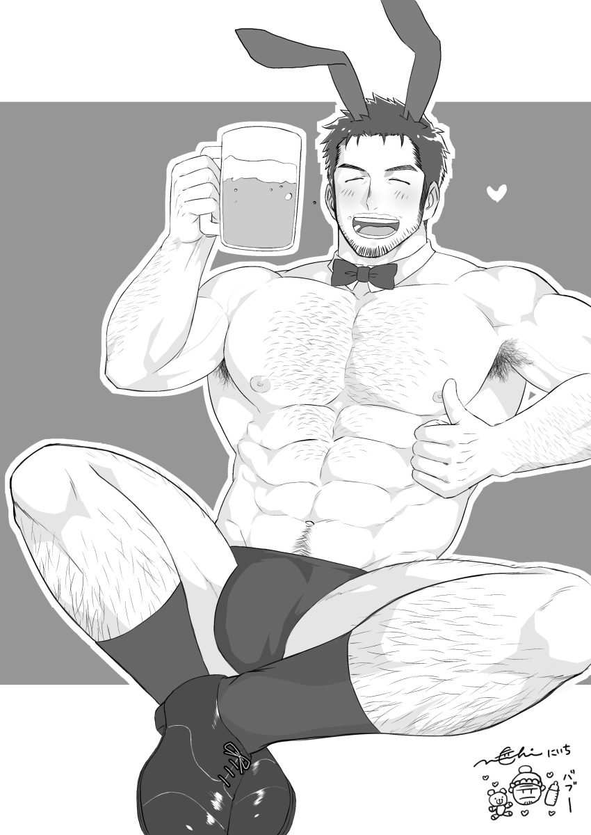 1boy ^_^ abs absurdres alcohol animal_ears arm_hair bara beard beard_stubble beer beer_mug bow bowtie bulge chest_hair closed_eyes cup detached_collar drunk facial_hair greyscale hairy heart highres large_pectorals leg_hair male_focus male_playboy_bunny mature_male monochrome mug muscular muscular_male mustache_stubble navel navel_hair niichi_(niichi21) nipples pectorals rabbit_ears shoes short_hair socks solo spoken_heart textless_version thick_thighs thighs thumbs_up topless_male wrist_cuffs yarofes:2023
