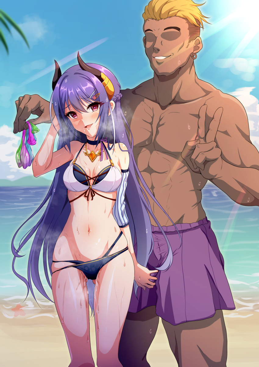 1boy 1girl after_sex arm_at_side arm_up ass_visible_through_thighs bare_shoulders beach bikini black_choker blonde_hair blue_bikini blue_hair blue_sky blush braid breasts breath bulge choker cleavage cloud condom cum dark-skinned_female dark-skinned_male dark_skin day drooling earrings erection erection_under_clothes eyelashes faceless faceless_male feet_out_of_frame french_braid hair_between_eyes hair_ornament hair_slicked_back hairclip hand_in_own_hair hand_up head_tilt heart heart-shaped_pupils highres holding holding_condom horns jewelry light_rays long_hair looking_at_viewer medium_breasts multi-strapped_bikini multicolored_bikini multicolored_clothes multiple_condoms muscular muscular_male navel necklace ocean open_mouth outdoors princess_connect! purple_hair purple_shorts pussy_juice pussy_juice_trail red_eyes rei_(princess_connect!) shorts size_difference sky smile standing stomach straight_hair string_bikini sun sunbeam sunlight sweat swept_bangs swimsuit symbol-shaped_pupils used_condom v very_long_hair water yumejidake
