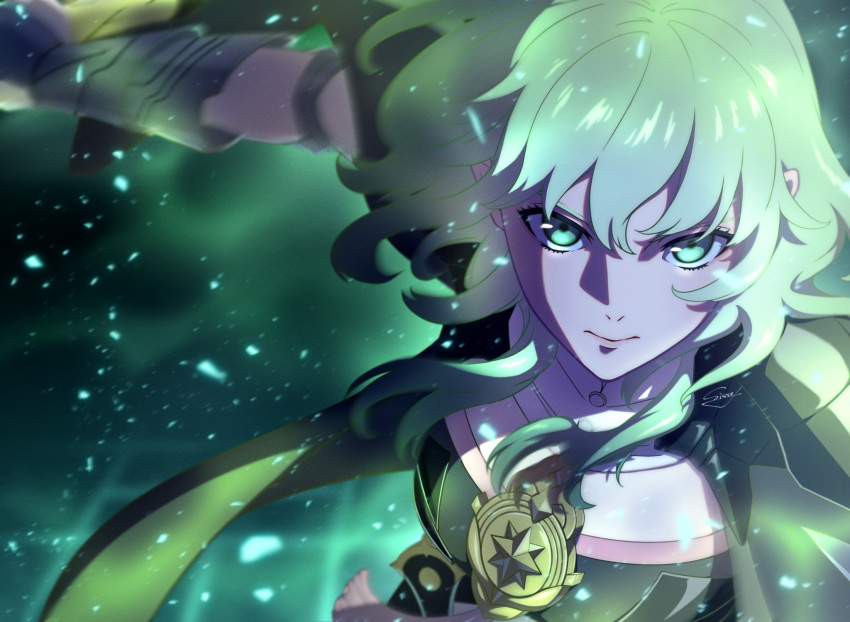 1girl armor aura byleth_(female)_(fire_emblem) byleth_(fire_emblem) close-up closed_mouth enlightened_byleth_(female) expressionless fighting_stance fire_emblem fire_emblem:_three_houses green_eyes green_hair hair_between_eyes highres jewelry looking_at_viewer medium_hair official_alternate_eye_color official_alternate_hair_color sissel0104 solo tassel upper_body