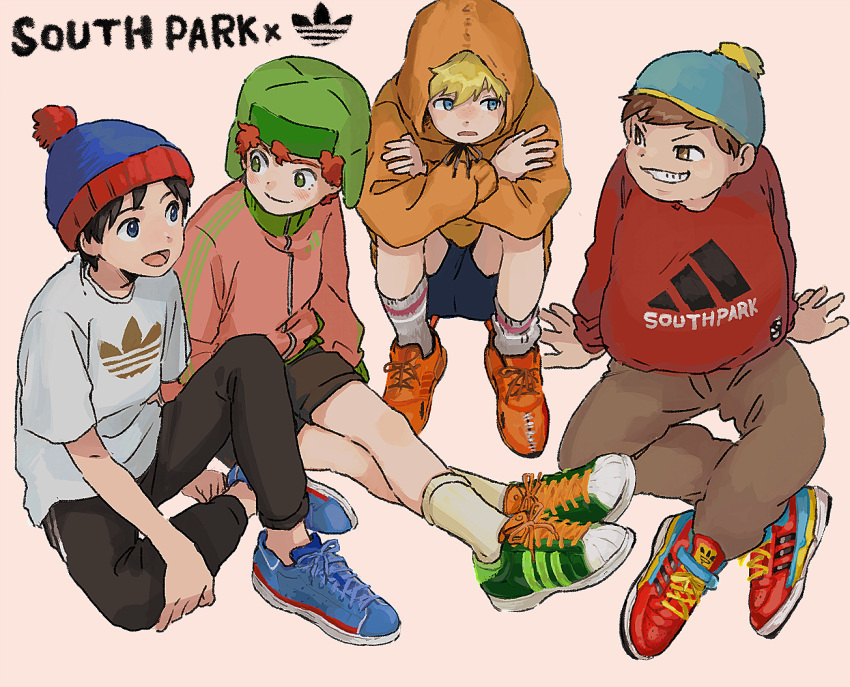 4boys adidas animification beanie black_hair blonde_hair blue_eyes blue_footwear brown_eyes brown_hair eokiba-um eric_cartman green_eyes green_footwear green_headwear grin hat hood hoodie jacket kenny_mccormick kyle_broflovski legs long_sleeves male_child male_focus multiple_boys open_mouth orange_footwear orange_hoodie red_footwear red_hair shirt shoelaces shoes short_sleeves shorts smile sneakers socks south_park sportswear stan_marsh track_jacket white_shirt white_socks