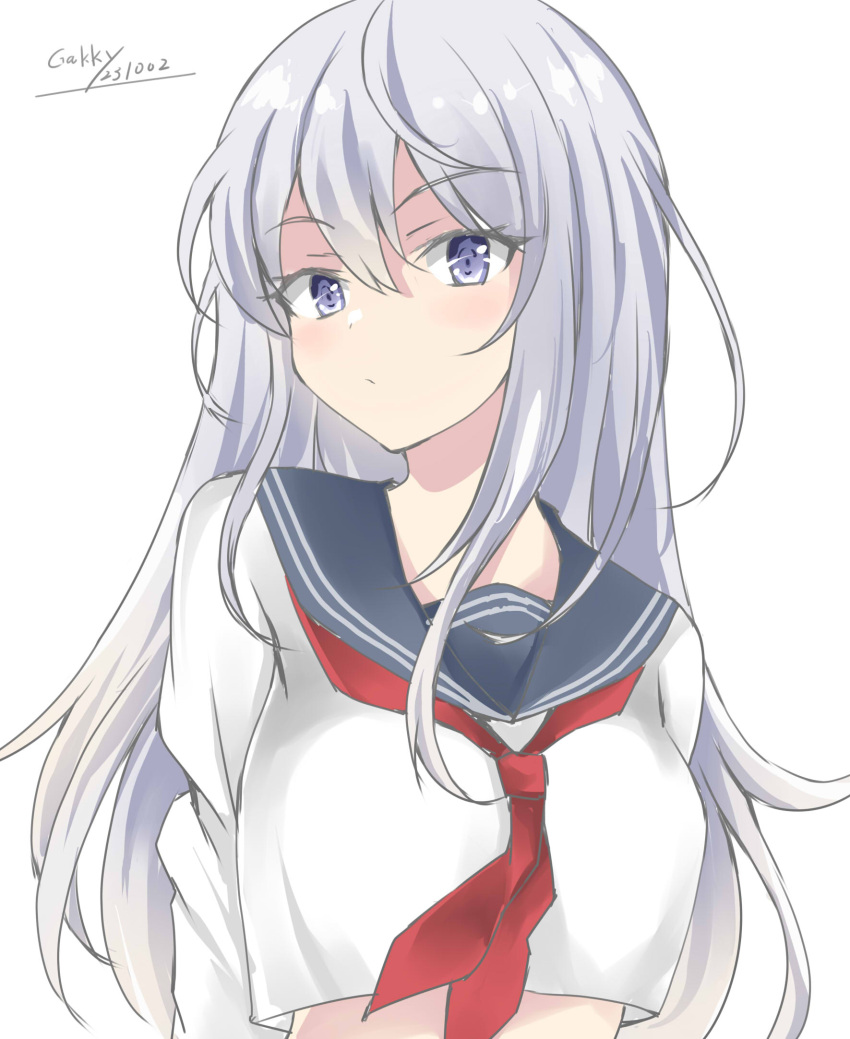 1girl artist_name black_sailor_collar dated gakky grey_eyes grey_hair hibiki_(kancolle) highres kantai_collection long_hair looking_at_viewer neckerchief one-hour_drawing_challenge red_neckerchief sailor_collar school_uniform serafuku simple_background solo upper_body white_background