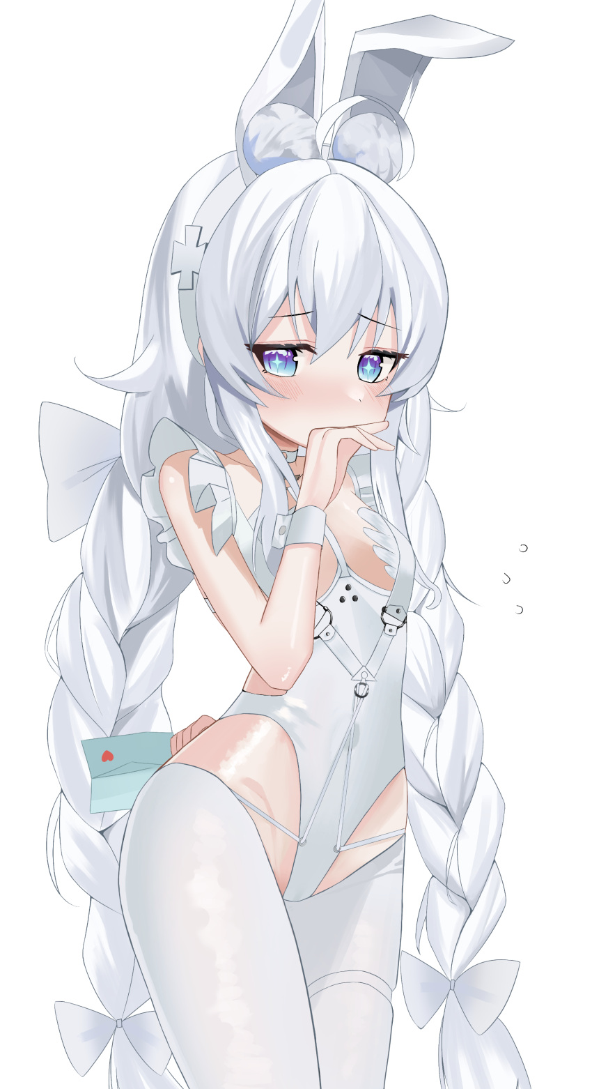 1girl absurdres ahoge animal_ears arm_behind_back averting_eyes azur_lane blue_eyes blush bow braid breasts commentary covering_mouth cross-shaped_pupils crotchless crotchless_pantyhose fake_animal_ears flying_sweatdrops hair_bow highres holding holding_letter le_malin_(azur_lane) le_malin_(listless_lapin)_(azur_lane) leotard letter long_hair official_alternate_costume pantyhose playboy_bunny rabbit_ears simple_background small_breasts solo symbol-shaped_pupils twin_braids very_long_hair white_background white_bow white_hair white_leotard white_pantyhose wrist_cuffs wynnblue