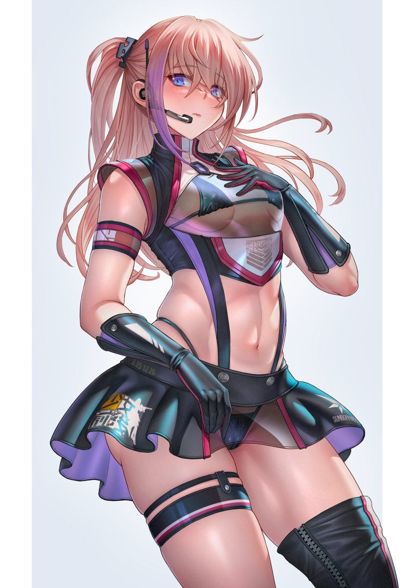 1girl armband black_bra black_gloves black_panties black_shirt black_skirt blue_background blue_eyes border bra breasts brick_(atelier_brick) cameltoe commentary crop_top earpiece elbow_gloves english_commentary from_below girls'_frontline gloves gradient_hair hand_on_own_chest highres linea_alba long_hair looking_at_viewer looking_down midriff miniskirt multicolored_hair navel one_side_up panties pink_hair pleated_skirt purple_hair race_queen see-through see-through_shirt see-through_skirt shirt simple_background skindentation skirt sleeveless sleeveless_shirt small_breasts solo st_ar-15_(girls'_frontline) thigh_strap thong two-tone_hair underwear white_border