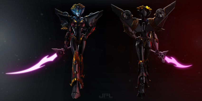 1girl 3d absurdres ass back blender_(medium) blue_eyes breasts curvy energy_sword front_and_back glowing glowing_eyes hand_on_own_hip highres jpl-animation mecha mechanical_wings medium_breasts red_lips robot robot_girl solo sword transformers transformers_prime weapon windblade wings