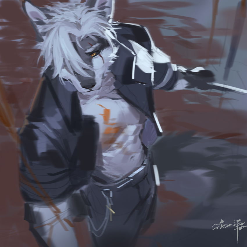 1:1 absurd_res anthro awaldkize black_sclera canid cheek_tuft chest_markings clothed clothing facial_tuft fur grey_body grey_fur hair hi_res jacket male mammal markings mouth_closed open_clothing open_jacket open_topwear orange_markings short_hair solo standing topwear tuft white_body white_fur white_hair yellow_eyes
