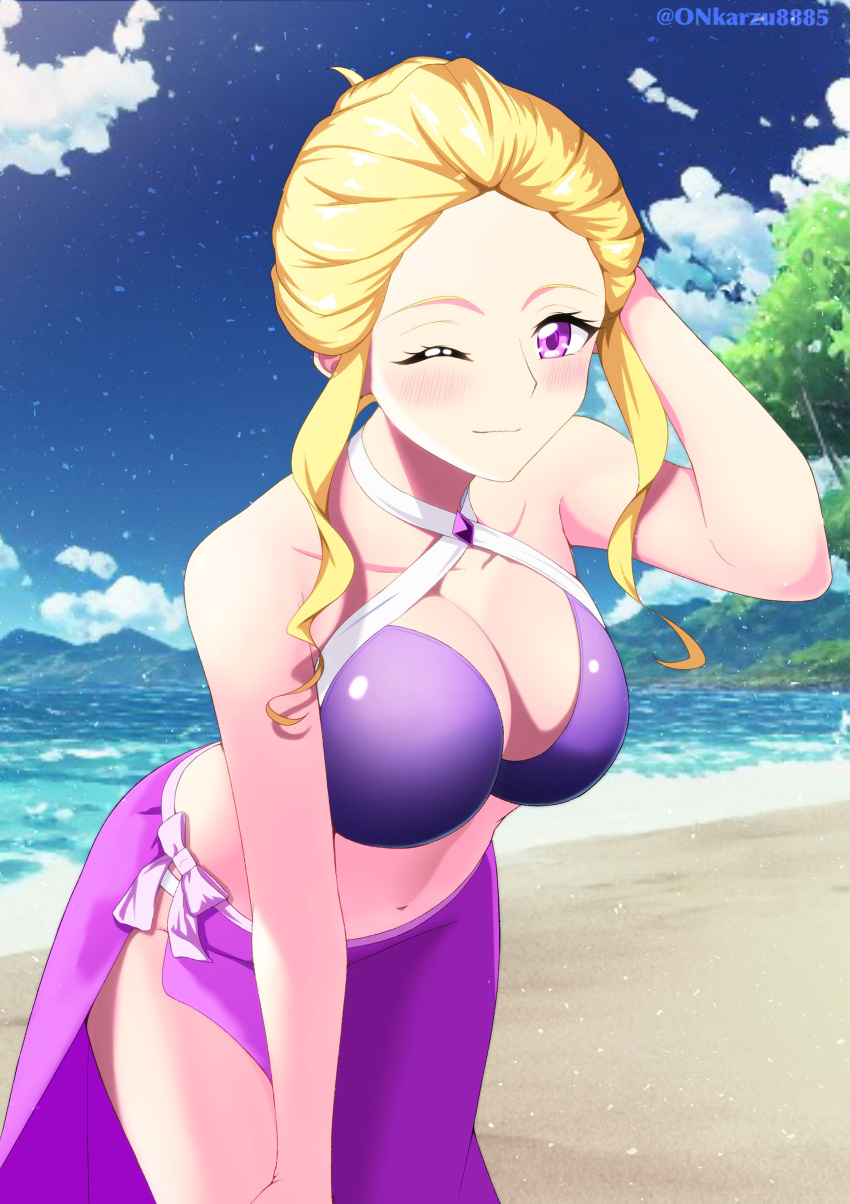 1girl absurdres beach bikini birthday blonde_hair blue_sky breasts cloud cloudy_sky collarbone commentary_request day fuurin_asumi happy_birthday healin'_good_precure highres long_hair looking_at_viewer medium_breasts navel ocean on_kazu one_eye_closed outdoors partial_commentary precure purple_bikini purple_eyes purple_sarong sand sarong sky smile swimsuit tree water