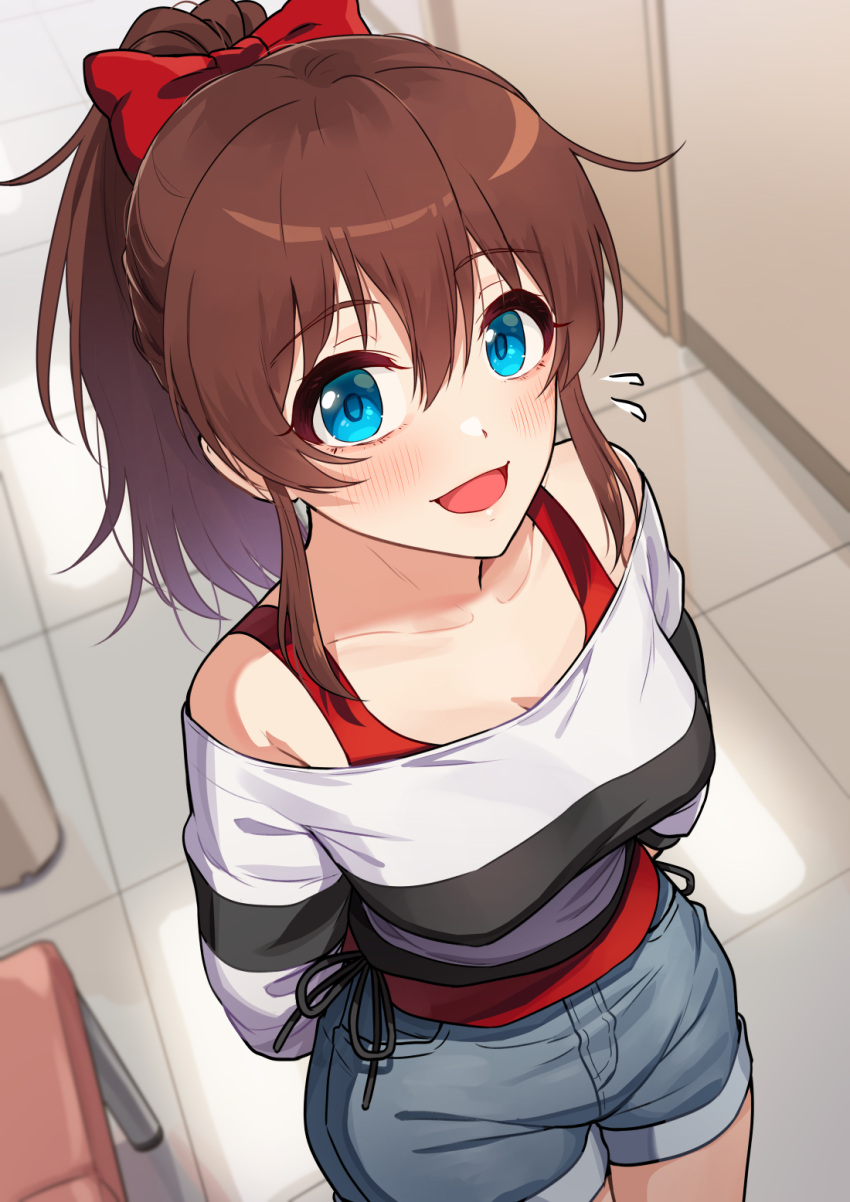 1girl aqua_eyes arms_behind_back bare_shoulders blush bow breasts brown_hair collarbone denim denim_shorts flying_sweatdrops hair_bow highres idolmaster idolmaster_million_live! kamille_(vcx68) looking_at_viewer medium_breasts off-shoulder_shirt off_shoulder ponytail satake_minako shirt shorts smile solo striped striped_shirt tile_floor tiles