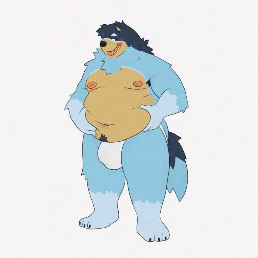 1:1 absurd_res anthro belly belly_grab bluey_(disambiguation) bluey_(series) buck_(disambiguation) canid canine canis chubby_male clothing domestic_dog hair hi_res inkyflush jockstrap male male/male mammal moobs overweight overweight_male slightly_chubby solo tail tongue tongue_out underwear