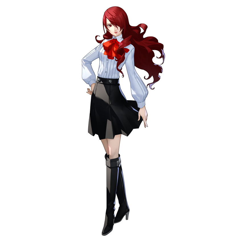 1girl absurdres artist_request ascot black_footwear black_skirt boots english_commentary full_body gekkoukan_high_school_uniform hair_over_one_eye hand_on_own_hip high_heel_boots high_heels highres kirijou_mitsuru knee_boots long_hair official_art persona persona_3 red_ascot red_eyes red_hair school_uniform shirt skirt standing white_background white_shirt