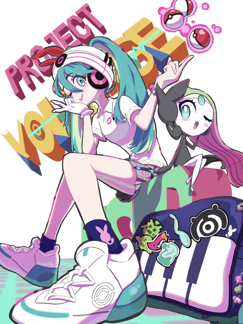 1girl aqua_eyes bag beanie black_socks blush collared_shirt english_text gloves green_hair hand_on_own_chin hat hatsune_miku headphones highres keeno-ringo46 long_hair meloetta meloetta_(aria) one_eye_closed pleated_skirt poke_ball pokemon pokemon_(creature) project_voltage psychic shirt shoulder_bag single_glove sitting skirt socks tongue tongue_out twintails vocaloid white_footwear white_gloves white_headwear white_shirt