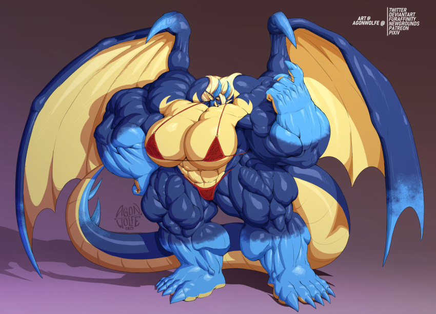 agonwolfe animal_humanoid anthro big_breasts big_muscles black_sclera blonde_hair breasts dragon dragon_humanoid female hair horn huge_muscles humanoid hybrid hyper hyper_muscles muscular red_eyes wings