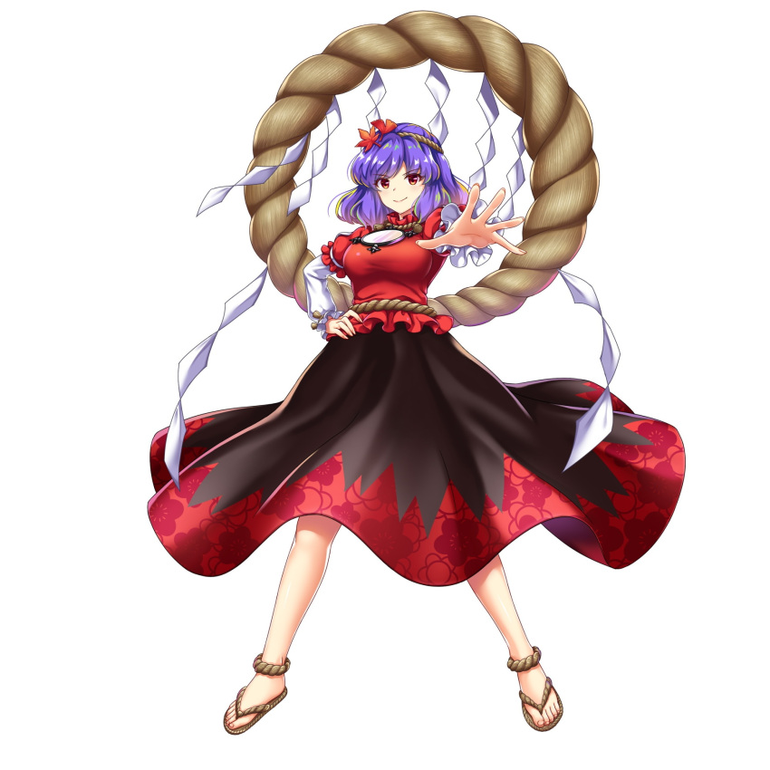 1girl black_skirt brown_footwear full_body game_cg hair_ornament highres layered_sleeves leaf_hair_ornament long_sleeves looking_at_viewer mirror mountain_of_faith purple_hair red_eyes red_shirt red_skirt rope rotte_(1109) shide shimenawa shirt short_hair short_over_long_sleeves short_sleeves simple_background skirt solo third-party_source touhou touhou_lost_word two-tone_skirt white_background yasaka_kanako