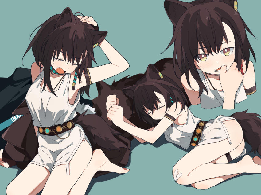 1girl 1other animal_ears arknights arm_strap arm_up ass bandaid bandaid_on_knee bandaid_on_leg barefoot belt blue_background blush brown_hair coldcat. dress finger_in_another's_mouth highres long_hair lunacub_(arknights) lying multiple_views on_side short_dress simple_background sitting sleeveless sleeveless_dress tail thigh_strap waking_up white_dress wolf_ears wolf_girl wolf_tail yellow_eyes