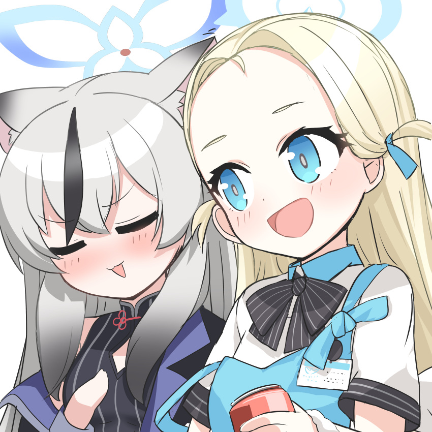 2girls :3 :d absurdres angel's_24_uniform_(blue_archive) animal_ears apron black_bow black_bowtie black_coat black_dress blonde_hair blue_apron blue_archive blue_eyes bow bowtie can china_dress chinese_clothes coat commentary_request dress forehead gradient_hair grey_hair hair_between_eyes hair_ribbon halo highres holding holding_can id_card kokona_(blue_archive) long_hair long_sleeves looking_at_another low_twintails multicolored_hair multiple_girls o_(rakkasei) open_clothes open_coat ribbon scrunchie short_sleeves sidelocks simple_background sleeveless smile sora_(blue_archive) store_clerk streaking tiger_ears tiger_girl twintails two-tone_hair two_side_up white_background wrist_scrunchie