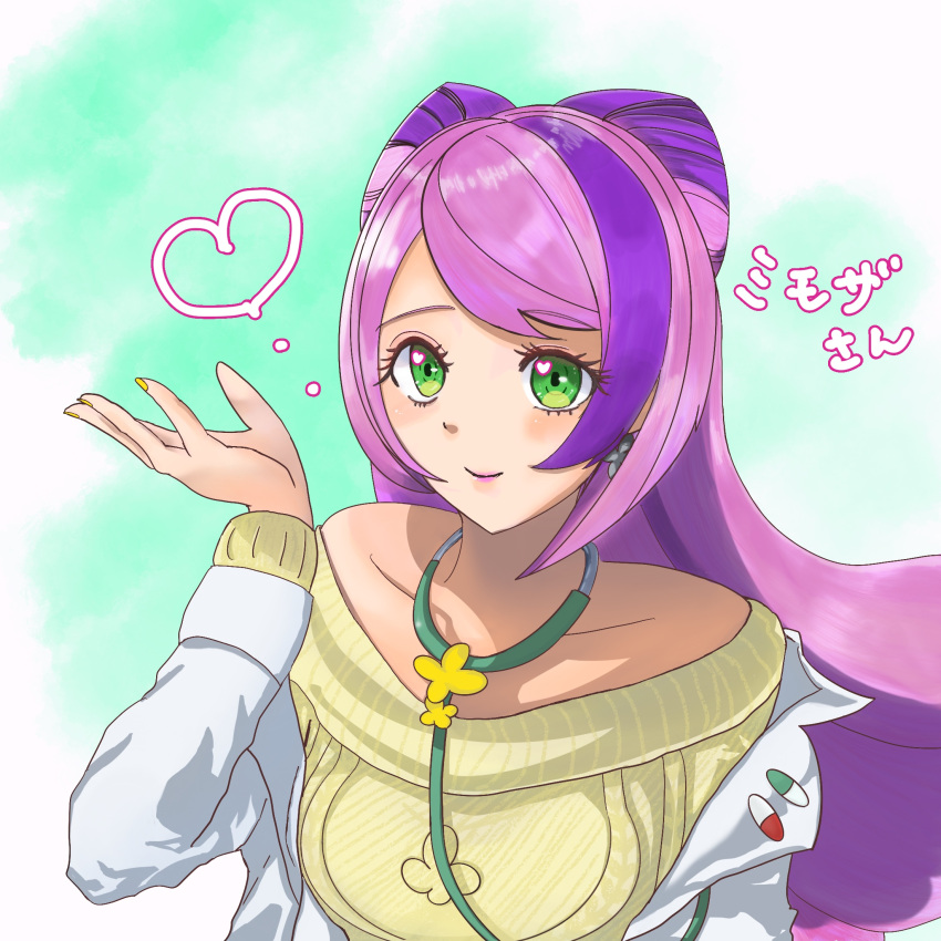 1girl blowing_kiss breasts coat collarbone cross cross_earrings earrings green_eyes highres jewelry light_purple_hair long_hair miriam_(pokemon) open_clothes open_coat pink_hair pink_lips pokemon pokemon_(game) pokemon_sv school_nurse stethoscope sweater white_coat yellow_nails yellow_sweater ypav7273