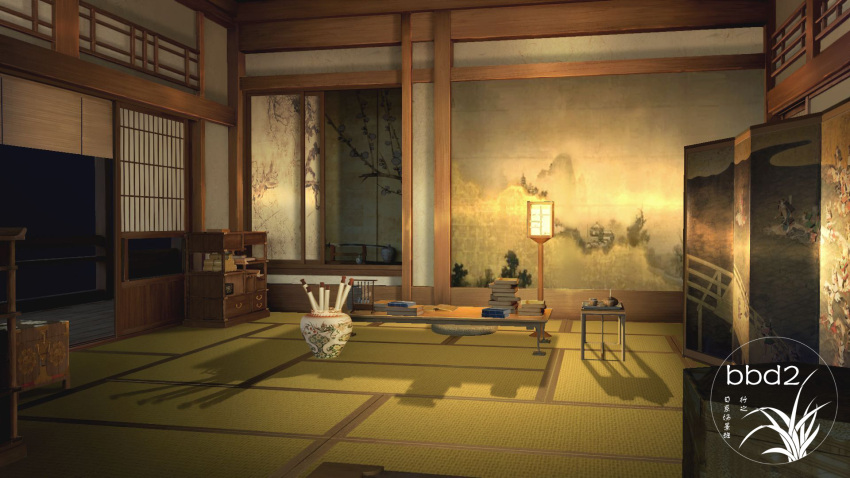 artist_logo bamboo_screen book book_stack folding_screen highres indoors lantern no_humans original scenery scroll shelf shouji sliding_doors table vase xingzhi_lv