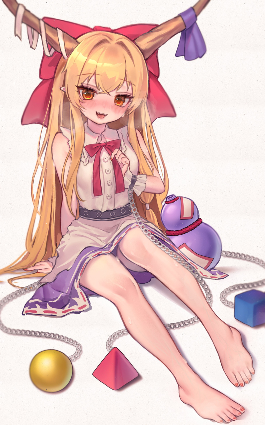 1girl :d absurdres arm_support bare_arms bare_legs bare_shoulders barefoot blush bow bowtie breasts chain commentary_request crossed_bangs cuffs dress fangs full_body gourd hair_between_eyes hair_bow hand_up highres horns ibuki_suika long_hair looking_at_viewer mixed-language_commentary nail_polish oni_horns open_mouth orange_eyes orange_hair pointy_ears qiu_ju red_bow red_bowtie red_nails shackles simple_background sitting small_breasts smile solo teeth toenail_polish toenails torn_clothes touhou upper_teeth_only very_long_hair white_background white_dress