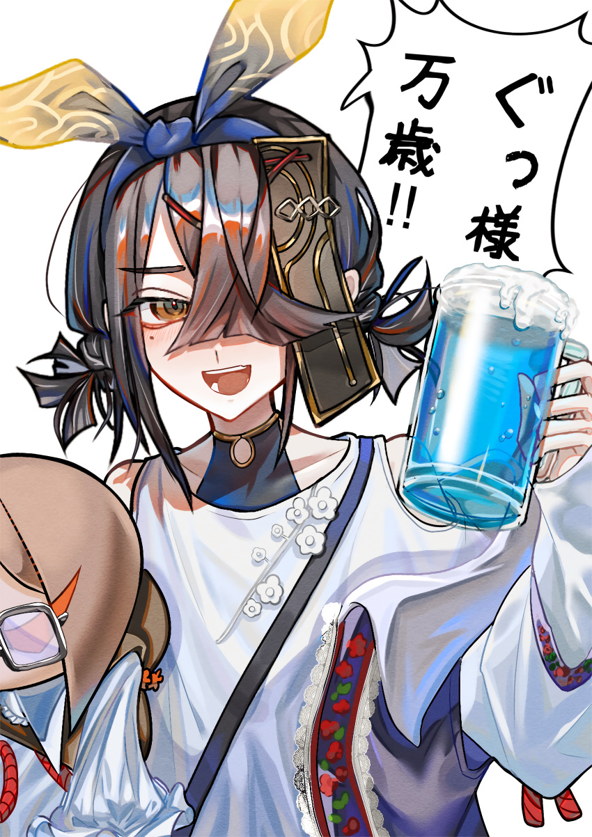 1girl absurdres black_hair blush breasts brown_eyes clothing_cutout cup fate/grand_order fate_(series) hair_over_one_eye hair_ribbon hairband highres huo_ting jacket long_sleeves looking_at_viewer mole mole_under_eye mug off_shoulder open_clothes open_jacket open_mouth ribbon shirt short_hair short_twintails shoulder_cutout small_breasts smile solo speech_bubble stuffed_toy translation_request twintails white_jacket white_shirt xu_fu_(event_portrait)_(fate) xu_fu_(fate) yu_mei-ren_(fate)