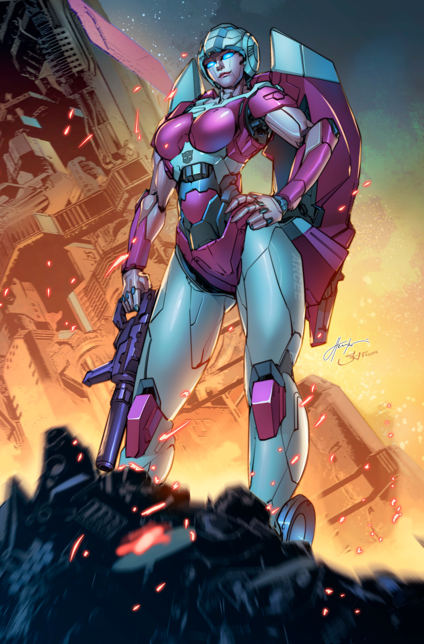 absurdres arcee autobot beam_rifle blue_eyes blurry blurry_foreground breasts burning cybertron debris emblem energy_gun english_commentary fire hand_on_own_hip highres jetstormsifuentes machinery mecha mecha_focus no_humans robot ruins science_fiction smirk sparks star_(sky) transformers weapon wreckage