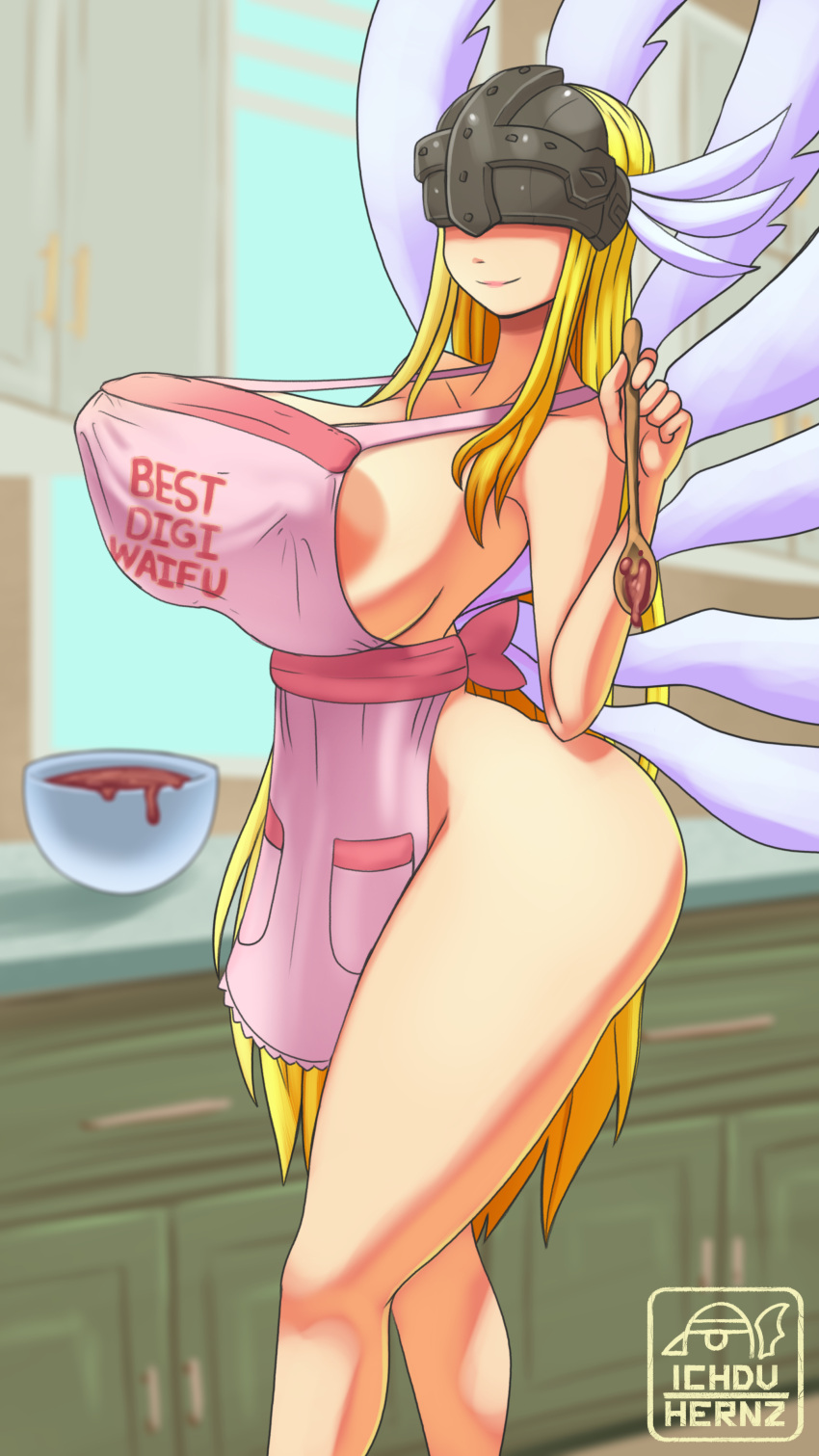4k 9:16 absurd_res apron apron_only bandai_namco big_breasts blonde_hair breasts clothing digimon digimon_(species) female hair hi_res huge_breasts humanoid ichduhernz thick_thighs wide_hips winged_humanoid wings