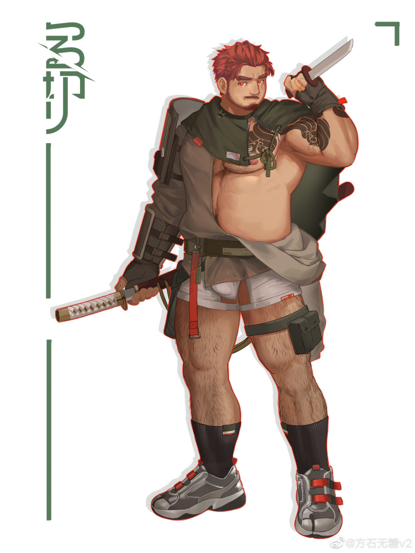 1boy absurdres armor armpit_peek bara belly black_socks bulge_peek capelet chest_hair chinstrap_beard clothing_cutout come_hither dagger dark-skinned_male dark_skin dual_wielding facial_hair green_capelet hadanugi_dousa hairy highres holding holding_dagger holding_knife holding_sword holding_weapon katana knife large_pectorals leg_hair looking_at_viewer male_focus mature_male muscular muscular_male mustache navel_hair nipples orange_hair original pauldrons pectorals plump red_eyes seductive_smile sheath shoes short_hair short_shorts shorts shoulder_armor single_pauldron smile sneakers socks solo standing stomach strongman_waist sword thick_eyebrows thick_thighs thigh_cutout thighs underpec unsheathing weapon white_background wutang