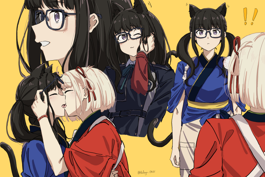 ! !! :3 absurdres animal_ears aqua_ribbon artist_name belt bespectacled black_hair blonde_hair blue-framed_eyewear blue_belt blue_dress blue_kimono blush bob_cut cat_ears cat_girl cat_tail closed_eyes closed_mouth collared_shirt commentary cropped_torso dress english_commentary fafayu french_kiss glasses grey_dress hair_ribbon hand_on_another's_cheek hand_on_another's_face highres inoue_takina japanese_clothes kemonomimi_mode kimono kiss long_hair lycoris_recoil lycoris_uniform multiple_views neck_ribbon nishikigi_chisato one_eye_closed one_side_up open_mouth purple_eyes red_bracelet red_kimono red_ribbon ribbon shirt short_hair sidelocks simple_background smile tail twintails two-tone_dress white_shirt yellow_background yuri
