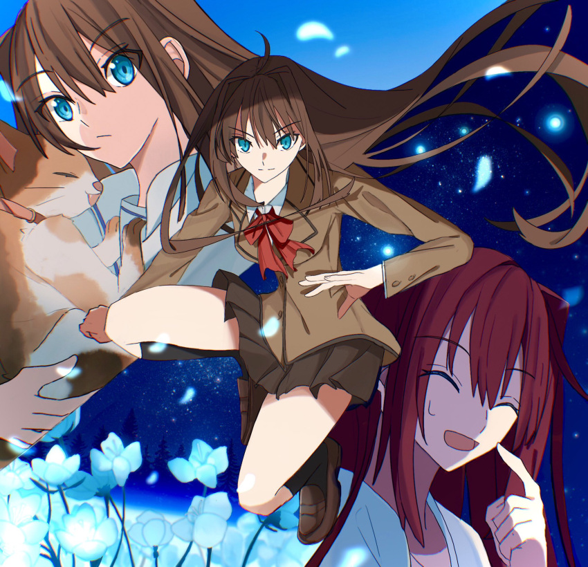 1girl animal aozaki_aoko blue_eyes blue_sky brown_hair cat collared_shirt commentary_request flower hair_intakes highres holding holding_animal holding_cat long_hair mahou_tsukai_no_yoru melty_blood multiple_views night night_sky pikaremon pleated_skirt red_hair red_ribbon ribbon school_uniform shirt skirt sky tsukihime type-moon white_shirt