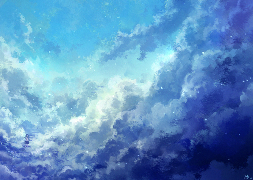 1girl axleaki barefoot blue_skirt blue_sky blue_theme cloud cloudy_sky commentary_request dated highres long_hair night night_sky original outdoors scenery shirt short_sleeves signature skirt sky solo star_(sky) starry_sky walking white_shirt wide_shot