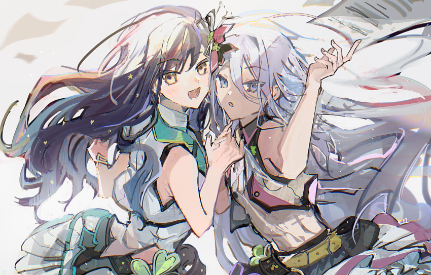 2girls april_fools arm_up armpit_crease bare_shoulders belt blue_hair bow brown_belt hair_bow hair_ornament highres idol layered_skirt long_hair multiple_girls open_mouth pink_bow project_sekai pyongtaro shiraishi_an shirt skirt smile star_(symbol) star_hair_ornament very_long_hair vest white_eyes white_hair white_shirt white_skirt white_vest yellow_eyes yoisaki_kanade