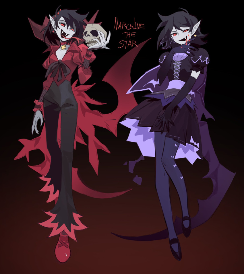 1girl adventure_time black_dress black_hair blood blood_on_face colored_skin dress earrings elbow_gloves evil_smile fangs forked_tongue gloves grey_skin high-waist_pants highres jewelry knifedragon lolita_fashion looking_at_viewer marceline_abadeer multiple_persona pants pendant_choker pointy_ears puffy_short_sleeves puffy_sleeves red_eyes short_sleeves smile star_(symbol) star_earrings tongue