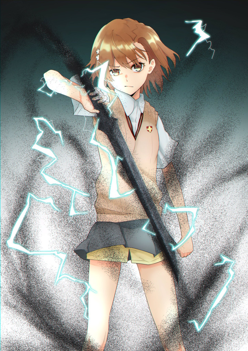 1girl aic_oekaki breasts brown_eyes brown_hair brown_sweater_vest clenched_hand collared_shirt electricity electrokinesis emblem grey_skirt highres holding holding_sword holding_weapon looking_at_viewer magnetism medium_breasts medium_hair metal metal_sand misaka_mikoto pleated_skirt psychic school_emblem school_uniform shirt short_sleeves shorts skirt solo standing summer_uniform sweater_vest sword toaru_kagaku_no_railgun toaru_majutsu_no_index tokiwadai_school_uniform weapon white_shirt yellow_shorts