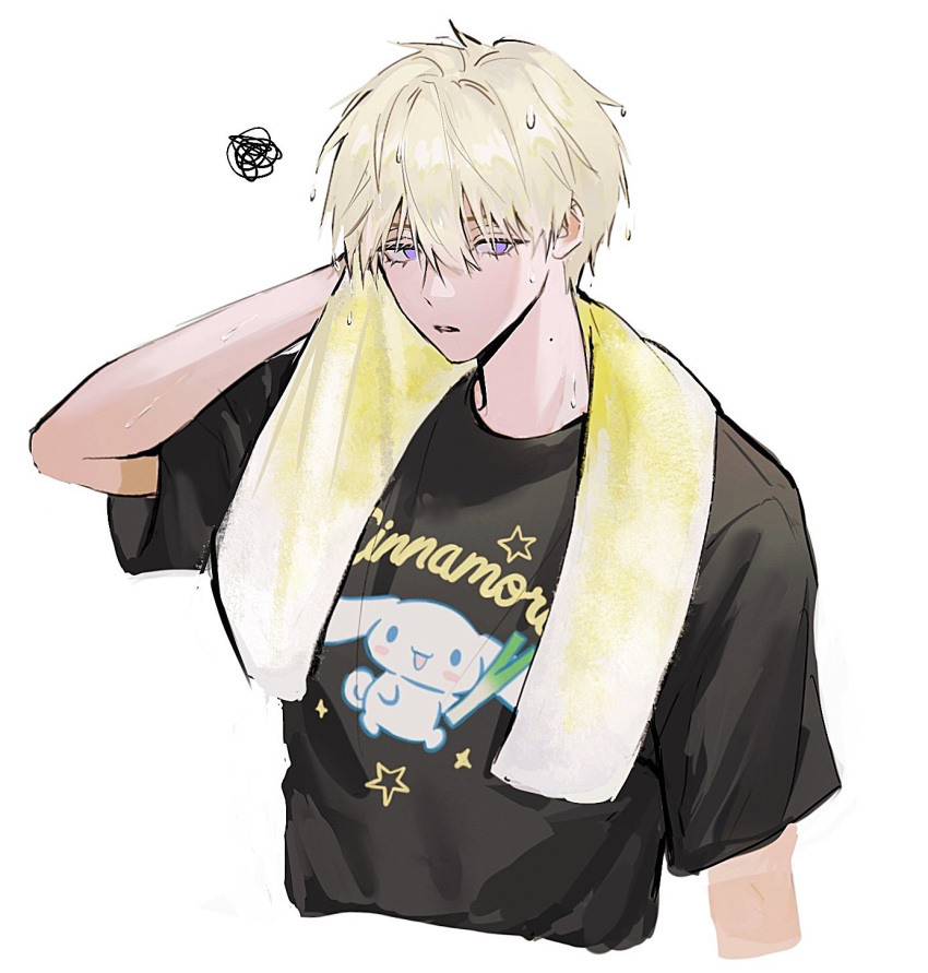 1boy arm_up black_shirt blonde_hair character_name character_print cinnamoroll commentary cropped_torso english_commentary expressionless eyelashes hair_between_eyes highres looking_at_viewer male_focus mole mole_on_neck nijisanji nijisanji_en parted_lips pearl_(pe4rrrrrl) print_shirt purple_eyes sanrio shirt short_hair short_sleeves simple_background solo sonny_brisko spring_onion squiggle star_(symbol) t-shirt towel towel_around_neck upper_body virtual_youtuber wet wet_hair white_background