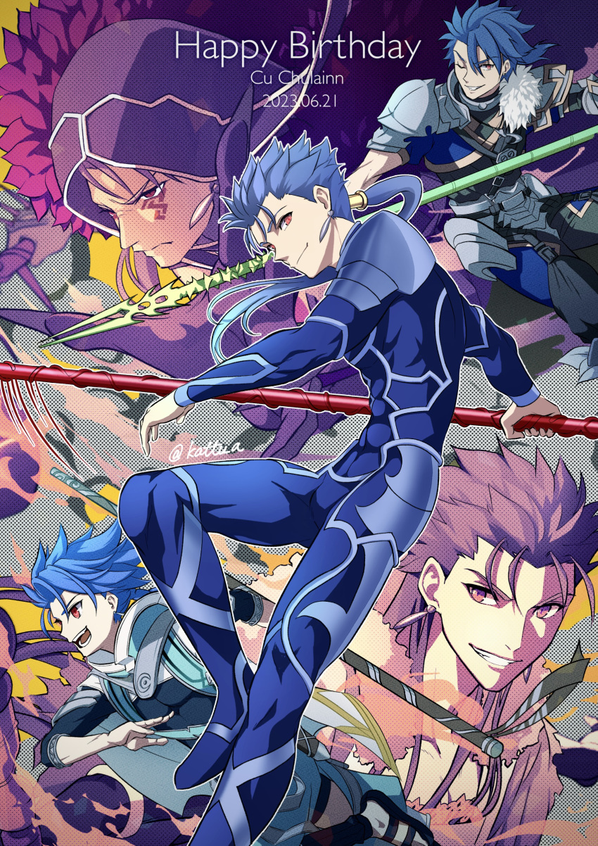 5boys absurdres blue_bodysuit blue_hair bodysuit character_name closed_mouth cu_chulainn_(caster)_(fate) cu_chulainn_(fate) cu_chulainn_(fate/prototype) cu_chulainn_(fate/stay_night) cu_chulainn_alter_(fate) dated earrings facial_tattoo fate/grand_order fate/prototype fate_(series) gae_bolg_(fate) glaring grin hair_strand happy_birthday highres holding holding_polearm holding_weapon hood jewelry kassan_(kassan_5a) long_hair male_focus messy_hair multiple_boys one_eye_closed polearm ponytail red_eyes setanta_(fate) skin_tight smile tattoo twitter_username weapon