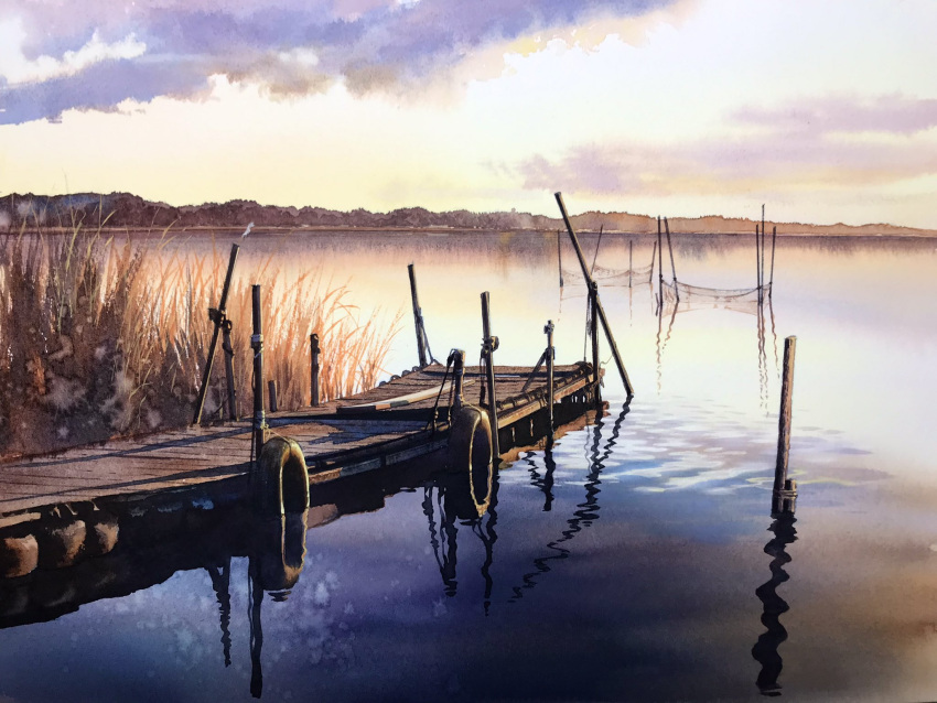 grass highres horizon net no_humans original painting_(medium) pier reflection reflective_water scenery shore tall_grass tire tlctm7h8wdwnthx traditional_media water watercolor_(medium)