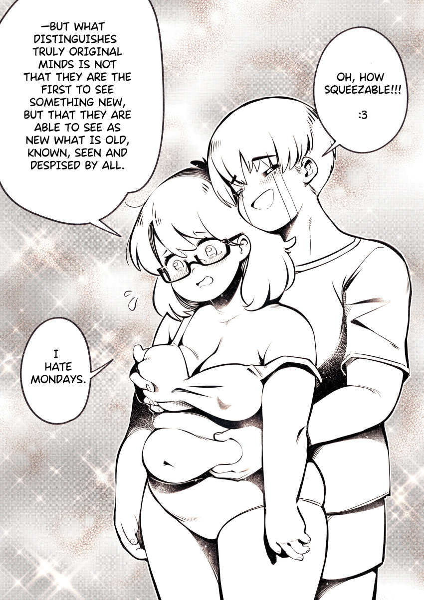 1boy 1girl absurdres belly_grab blush breasts cleavage cloudxmoe collarbone covered_nipples cowboy_shot english_text fat_rolls glasses grabbing grabbing_from_behind highres medium_breasts medium_hair monochrome navel open_mouth original panties plump short_sleeves smile speech_bubble thick_arms thick_thighs thighs underwear