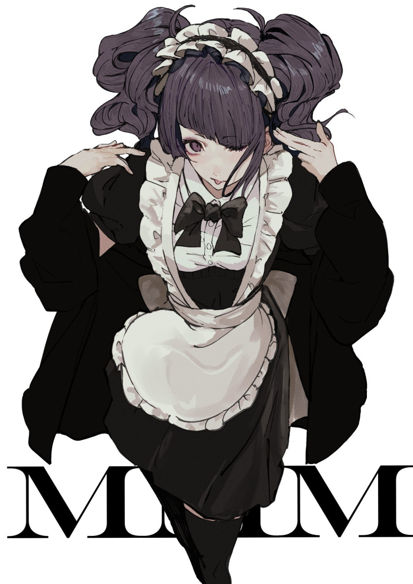 1girl alternate_costume apron asyde black_bow black_bowtie bow bowtie diagonal_bangs enmaided eyelashes frilled_apron frilled_headwear frills highres idolmaster idolmaster_shiny_colors long_hair long_sleeves looking_at_viewer maid maid_apron maid_headdress purple_eyes purple_hair solo tanaka_mamimi tongue tongue_out twintails white_background