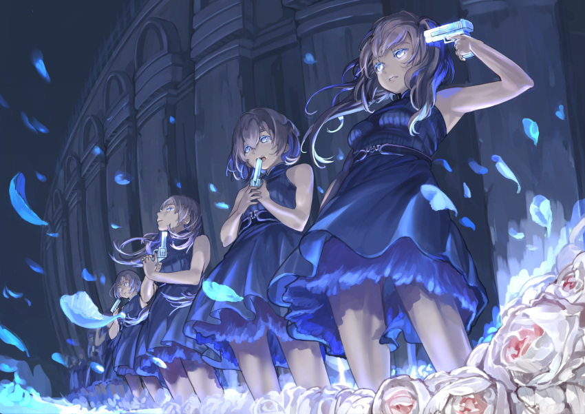 6+girls bare_shoulders blue_eyes blue_shirt blue_skirt brown_hair falling_petals floating_hair flower glowing glowing_eyes gun gun_in_mouth handgun highres holding holding_gun holding_weapon imminent_suicide long_bangs long_hair long_skirt looking_ahead multiple_girls nik_ibi original petals petticoat pointing_gun revolver ribbed_shirt shirt short_hair sidelocks skirt sleeveless sleeveless_shirt weapon white_flower