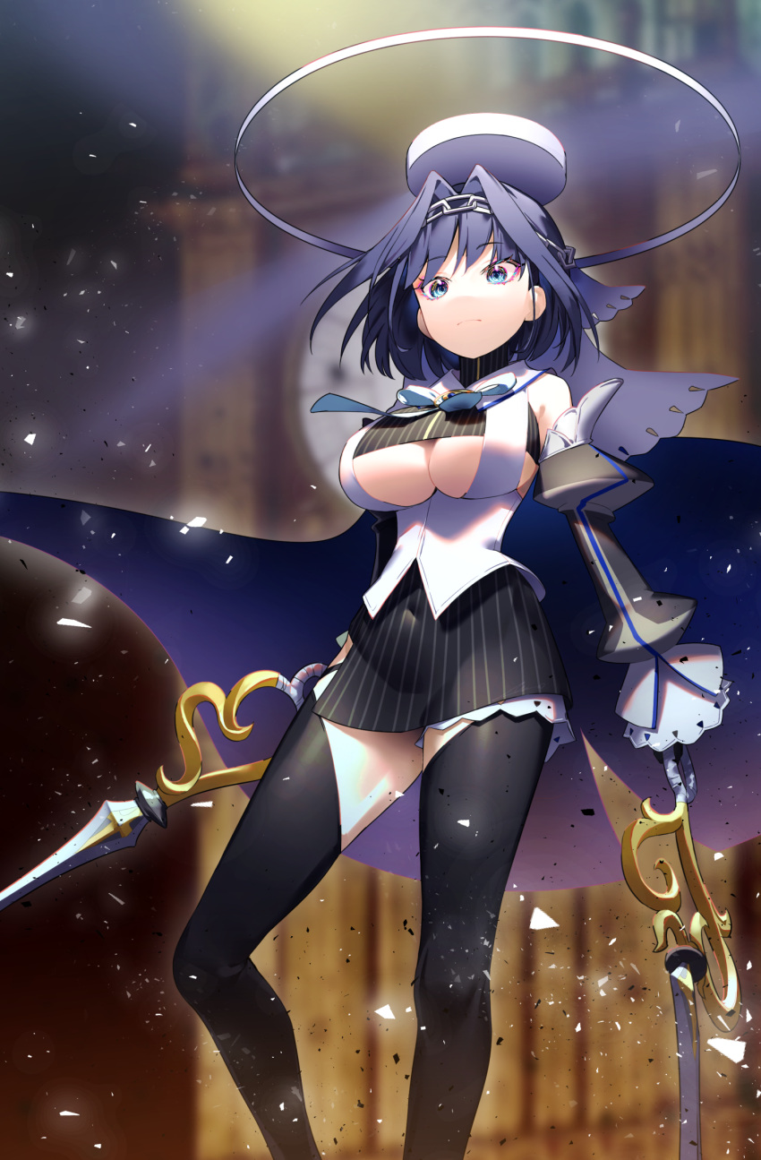 1girl black_gloves black_thighhighs blue_bow blue_cape blue_eyes blue_hair blue_ribbon bow breasts cape chain chain_headband cleavage_cutout clothing_cutout collar covered_navel detached_sleeves gloves hair_intakes halo head_chain highres holding holding_sword holding_weapon hololive hololive_english jewelry large_breasts mechanical_halo micro_shorts miniskirt navel ouro_kronii ouro_kronii_(1st_costume) overlord_(overlord80000) ribbon shirt short_hair shorts skirt sleeveless sleeveless_shirt solo sword thighhighs underboob underboob_cutout veil virtual_youtuber weapon