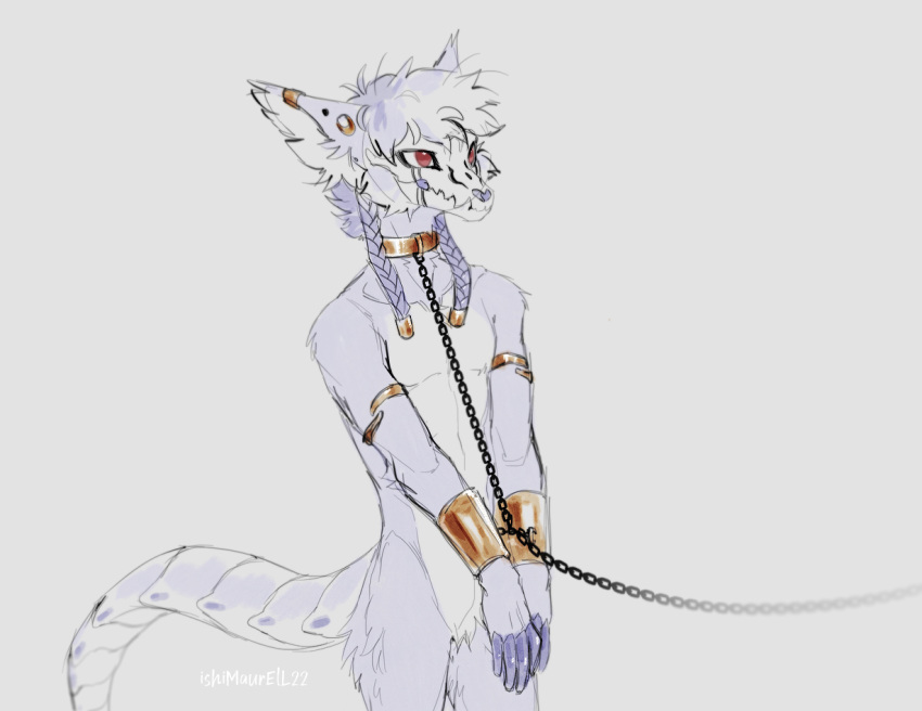 2022 anthro armor arms_tied black_chain bound bracers braided_hair chain chain_leash chained chained_cuffs collar countershade_torso countershading ear_piercing ear_ring fur gold_(metal) gold_collar hair ishimaurell leash male metal_collar myungsu_(ishimaurell) piercing portrait purple_body purple_fur purple_hair red_eyes restraints ring_piercing simple_background skulldog_(species) solo three-quarter_portrait white_background white_body white_countershading white_fur