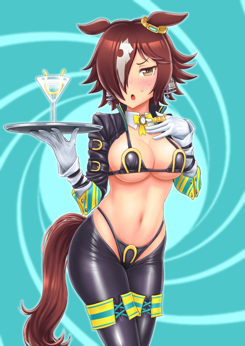 1girl :o adapted_costume animal_ears aonuma_kiyoharu bikini black_bikini blue_background blush bow bowtie breasts brown_eyes brown_hair cleavage cocktail_glass commentary cowboy_shot cup detached_collar drinking_glass ear_ornament frontless_outfit gloves hair_between_eyes hair_over_one_eye highres holding holding_tray horse_ears horse_girl horse_tail horseshoe_ornament latex latex_legwear long_hair looking_at_viewer low-tied_long_hair low_ponytail martini medium_breasts meme_attire multicolored_hair navel open_mouth revealing_clothes reverse_bunnysuit reverse_outfit shrug_(clothing) sidelocks solo standing stomach stopwatch streaked_hair sweat swimsuit tail tray umamusume vodka_(umamusume) white_gloves white_hair wrist_cuffs yellow_bow yellow_bowtie