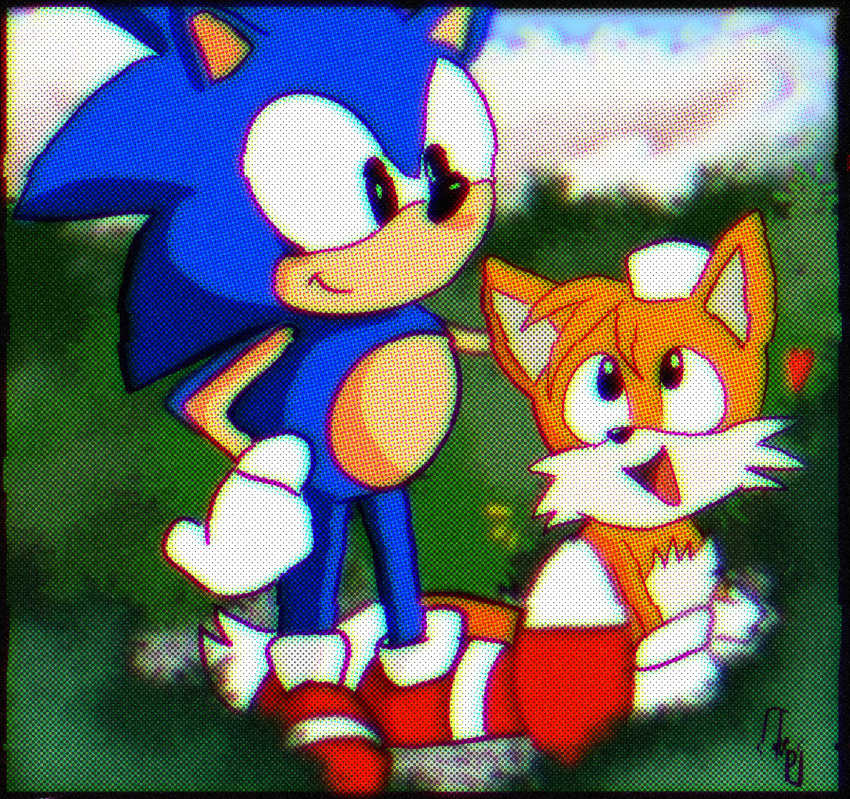 &lt;3 2023 2_tails age_difference anthro artist_watermark belly black_border black_eyes black_nose blue_body blue_quills border canid canine cheek_tuft chromatic_aberration classic_sonic classic_sonic_(universe) classic_tails clothing cloud colored detailed_background digital_drawing_(artwork) digital_media_(artwork) dipstick_tail duo eulipotyphlan facial_tuft footwear forehead_tuft fox fur gloves grass grass_field handwear hedgehog hi_res looking_down_at_another looking_up_at_another male male/male mammal markings miles_prower mobian_fox mobian_hedgehog multi_tail multicolored_body multicolored_clothing multicolored_footwear multicolored_fur multicolored_shoes multicolored_tail open_mouth open_smile orange_body orange_fur outside petting petting_head pillynaps plant quills red_clothing red_footwear red_shoes sega shoes size_difference sky sky_background smile smiling_at_each_other socks sonic_jam sonic_the_hedgehog sonic_the_hedgehog_(series) stylized tail tail_markings tan_belly tan_chest tan_inner_ear tuft white_belly white_body white_chest white_clothing white_footwear white_fur white_gloves white_handwear white_inner_ear white_shoes white_socks white_tail_tip young younger_male