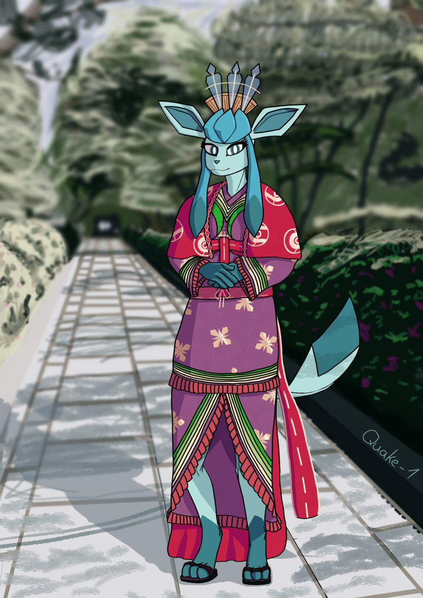 3_toes 4_fingers absurd_res anthro asian_clothing blue_body blue_hair blurred_background branch breasts clothing east_asian_clothing eeveelution feet female fingers flower footwear generation_4_pokemon glaceon green_body green_ears green_eyes hair hands_in_front happy headgear headwear hi_res japanese_clothing kimono looking_at_viewer nintendo park plant pokemon pokemon_(species) pokemon_unite quake-1 raised_tail red_cape sandals shrub smile solo standing tail toes tree