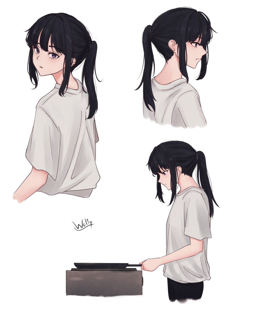 1girl absurdres alternate_hairstyle black_hair casual chxoswolf cropped_legs cropped_torso english_commentary frying_pan highres holding holding_frying_pan inoue_takina lycoris_recoil multiple_views ponytail purple_eyes shirt short_sleeves signature white_background white_shirt