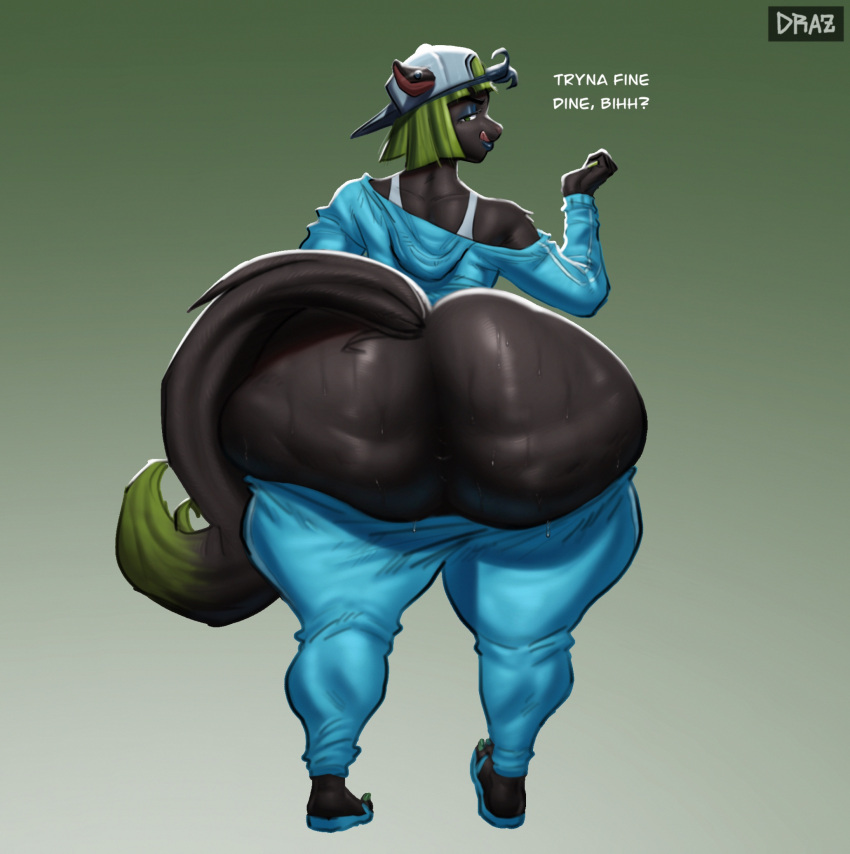 anthro big_butt bodily_fluids butt cellulite clothing female green_hair hair hi_res huge_butt looking_at_viewer mammal overweight rodent sciurid simple_background sinkhaffa squigga sweat sweaty_butt thick_thighs tree_squirrel wide_hips