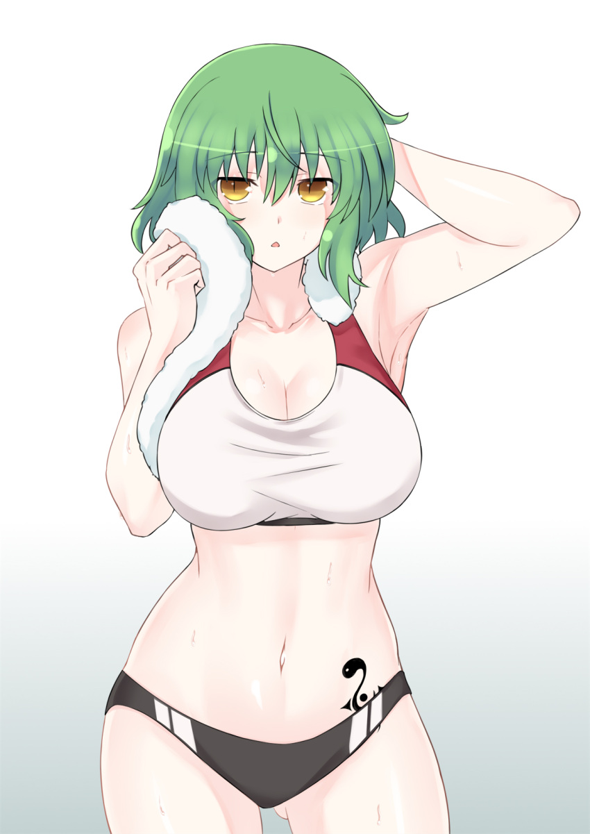 1girl armpits ass_visible_through_thighs breasts buruma cleavage collarbone drying gradient_background green_hair grey_background highres hikage_(senran_kagura) large_breasts looking_at_viewer navel open_mouth senran_kagura senran_kagura_burst senran_kagura_shoujo-tachi_no_shin'ei short_hair slit_pupils snake_tattoo solo sports_bikini sports_bra stomach sweat tattoo towel two-tone_sports_bra white_background yellow_eyes zatsu