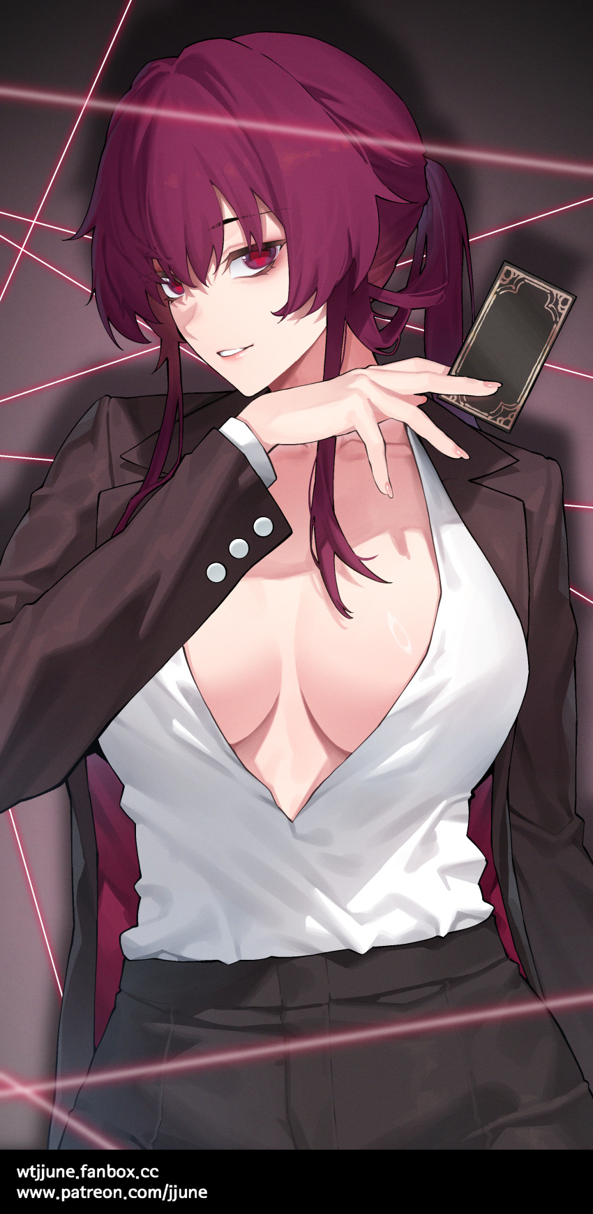 1girl absurdres black_jacket black_pants breasts card center_opening cleavage collarbone grin highres honkai:_star_rail honkai_(series) jacket jjune kafka_(honkai:_star_rail) large_breasts long_hair long_sleeves looking_at_viewer open_clothes open_jacket pants ponytail purple_eyes purple_hair shirt sidelocks smile solo thread white_shirt