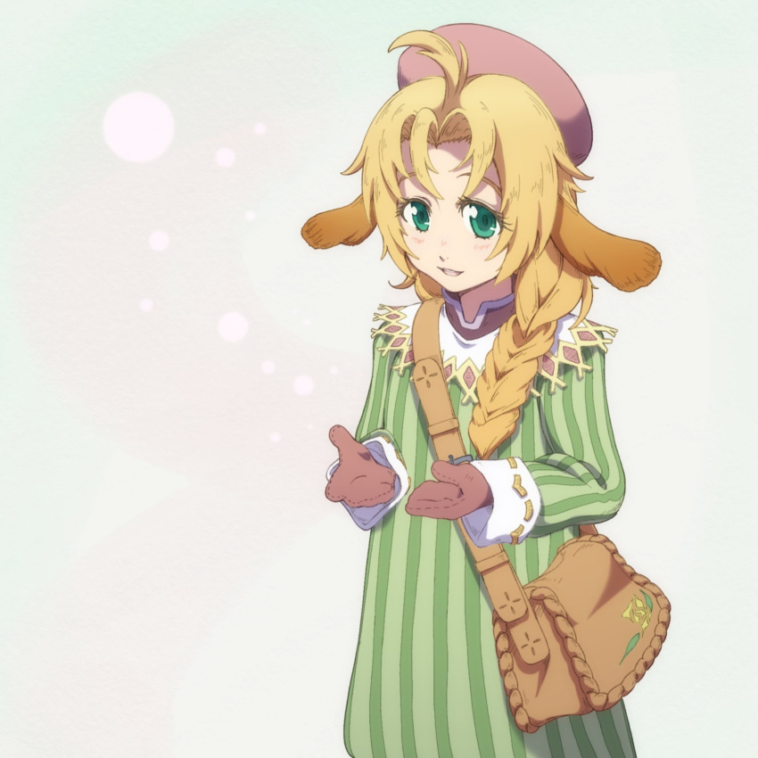 1girl bag blonde_hair braid braided_ponytail commentary_request gloves green_eyes hat highres kaien_advance long_hair looking_at_viewer mariel_(wild_arms) open_mouth red_headwear shoulder_bag simple_background smile solo wild_arms wild_arms_1