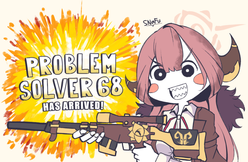 1girl artist_name aru_(blue_archive) blue_archive blush_stickers brown_coat coat collared_shirt demon_horns english_commentary english_text explosion fur-trimmed_coat fur_collar fur_trim gun h&amp;k_psg1 halo highres holding holding_gun holding_weapon horns long_hair long_sleeves neck_ribbon open_clothes open_coat pink_hair ribbon rifle shark_tooth shirt skirt snafu_(snafy_snu) sniper_rifle solo weapon white_shirt